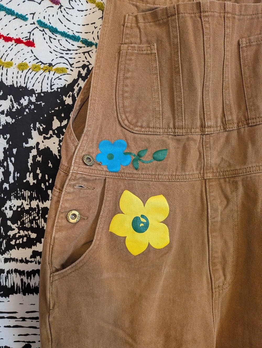 Tan Floral Retro Hippie Artsy Overalls - Picture 4 of 8